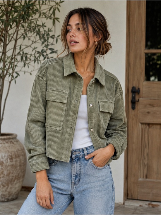 Zara Jackets & Blazers - Zara Sage Green Corduroy Cropped Jacket Shacket - Size XS